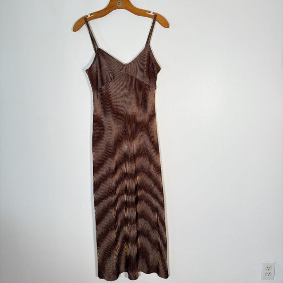 Vintage 90s Brown Moire Pattern Ribbed Maxi Dress Psychedelic Rave Fairy S - Picture 1 of 7